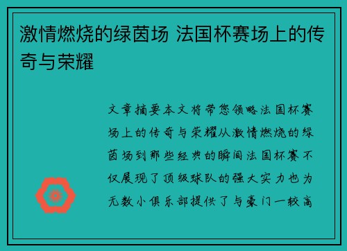 激情燃烧的绿茵场 法国杯赛场上的传奇与荣耀