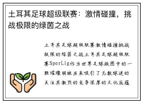 土耳其足球超级联赛：激情碰撞，挑战极限的绿茵之战